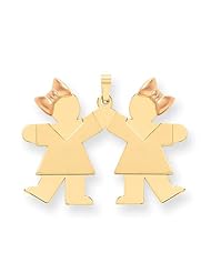 14k Two Tone Gold Double Girl "Kids" Pink Bow Charm. Metal Wt- 4.92g