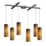 - 6 Light Kitchen Island Pendant Track Lighting Fixture - Brushed Nickel - Amber Glass - B3837