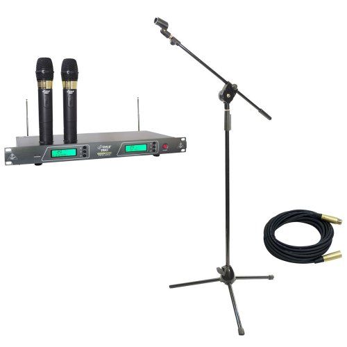 Pyle Mic and Stand Package - PDWM2550 19'' Rack Mount Dual VHF Wireless Rechargeable Handheld Microphone System - PMKS3 Tripod Microphone Stand W/ Extending Boom - PPMCL30 30ft. Symmetric Microphone Cable XLR Female to XLR Male