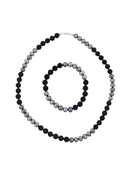 Sterling Silver Freshwater Cultured Pearl and Faceted Onyx Necklace, 18" and Bracelet, 7.5", Set