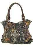Nice! Camouflage Shoulder Purse with Rhinestone Cross and Brown Trim Camo