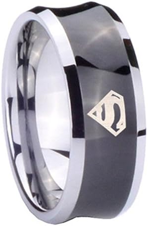 8MM Tungsten Carbide Superman Concave Black Two Tone Engraved Ring Size 11