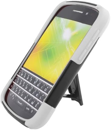 Case for Blackberry Q10 Black White Hybrid Silicone Rubber TPU Protector Stand