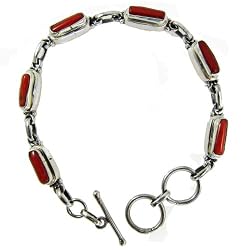 Silver link Bracelets Coral Gemstone Jewelry 7.5 inches (brclt353)