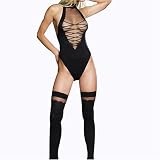 2Pc Opaque Sheer Lace Up Front Teddy And Stockings