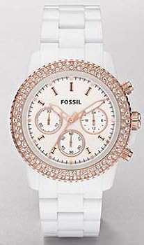 Fossil #CH2716 Women's XL Stella Rose Gold Trim White Acrylic Chronograph Watch