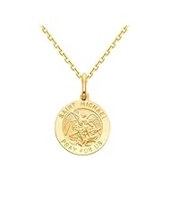 14K Yellow Gold Religious Saint Michael Medal Charm Pendant with Yellow Gold 1.2mm Oval Angled Cut Rolo Cable Chain Necklace with Lobster Claw Clasp - Pendant Necklace Combination (Different Chain Lengths Available)