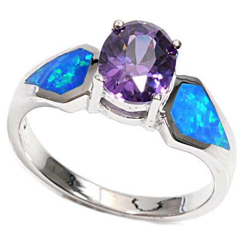 Rhodium Plated Sterling Silver Wedding & Engagement Ring Lab Opal, Amethyst Marriage Band 9MM ( Size 6 to 9)