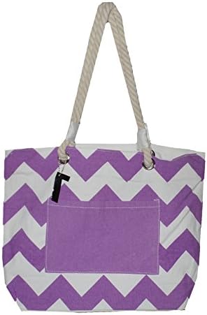 High Fashion Print Beach Tote Bag with Outside Pocket and Rope Handles *Can Be Personalized (Embroidered, Purple Wide Chevron)