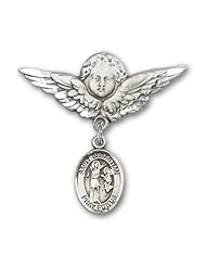 Sterling Silver Baby Badge with St. Sebastian Charm and Angel with Wings Badge Pin
