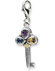 Sterling Silver W/14ky Am Bt Ci Anitqued Key W/Lobster Clasp Charm