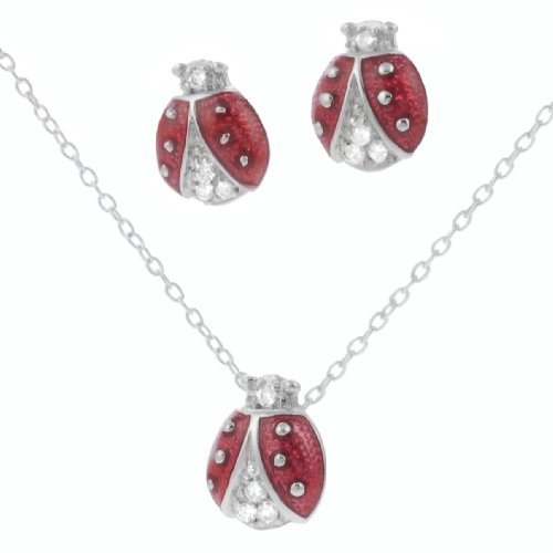 Sterling Silver CZ Ladybug Necklace Set