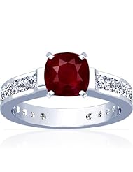 14K White Gold Cushion Cut Ruby Ring With Sidestones