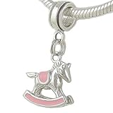 Baby Girl Rocking Horse Dangle 925 Sterling Silver and Pink Enamel Bead fits European Charm Bracelet