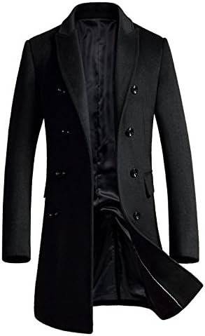 Men's Premium Wool Blend Double Breasted Long Pea Coat (US M(tag Asia XL), Black)