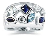 Platinum Plated Created Sapphire, Swiss Blue Topaz and White CZ Ring