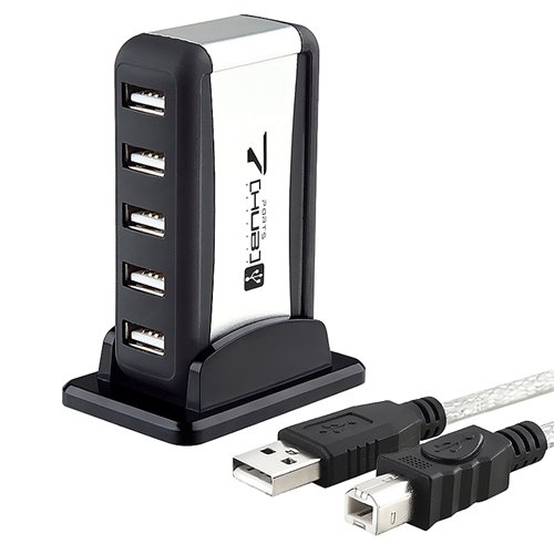 7-Port Compact USB Hub with USB Extension, Black / Silver