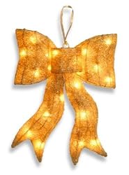 24" Sparkling Gold Lighted Whimsical Sisal Bow Christmas Decoration