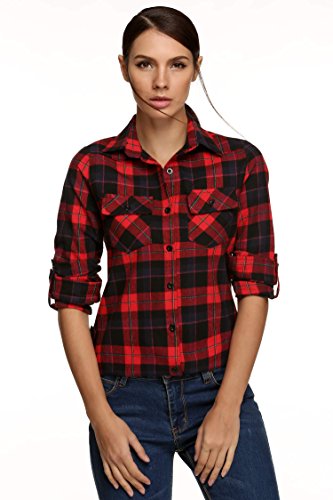 Meaneor Women's Mid-Long Style Roll-Up Sleeve Plaid Flannel Shirt Causal Blouse