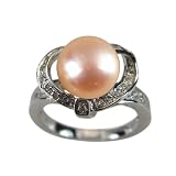 Sweet Heart Shaped Cubic Zirconia Ribbon Peach Cultured Pearl Ring in CAREFREE Sterling Silver