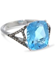 Badgley Mischka Fine Jewelry Cushion Sterling Silver Champagne Diamonds Cut Blue Topaz Cocktail Ring, Size 7