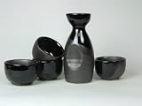 Elegant Japanese black fleck & metallic grey striped sake set with four cups