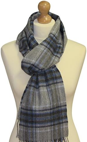 Irish Merino Cashmere Wool Scarf by John Hanly Ireland. 78" x 10" Long Scarf for Men and Women (Light grey plaid with dark grey, royal blue and pale blue)