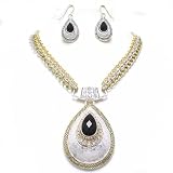 Beautiful Chunky Two Tone Large Metal Decor Teardrop Statement Necklace and Earrings Set Costume Fashion Jewelry
