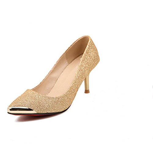 Ziselu Women's Pointed-toe Metal Tip Kitten-heel Glitter Pump Golden EU 36