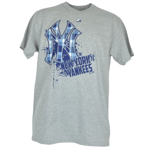 MLB Majestic Authentic Plaid New York Yankees Mens Tshirt Gray Tee Shirt Bat Boy