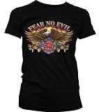 America’s Firefighters, Fear No Evil Juniors T-shirt, Bald Eagle and Flames Fire Rescue Emblem Juniors Tee