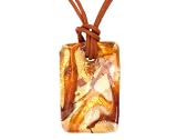 Gold Overlay Sterling Silver Yellow w/ Red Swirl Rectangular Murano Glass Pendant w/ Brown Cord