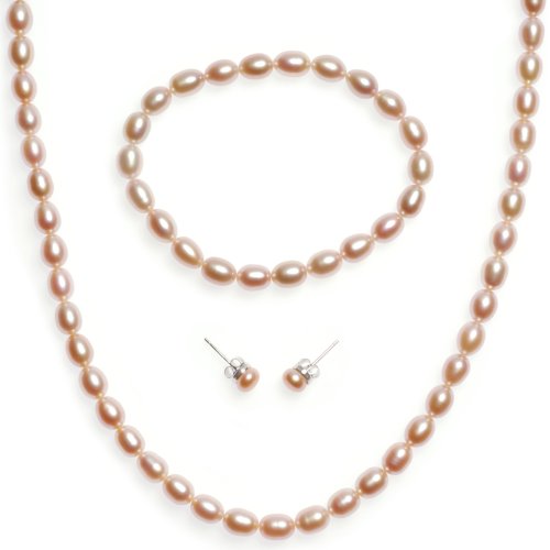 Sterling Silver Pink Freshwater Cultured Rice Pearl 6-7mm Necklace, Bracelet and Stud Earrings Set