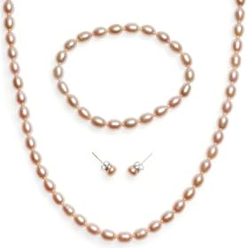 Sterling Silver Pink Freshwater Cultured Rice Pearl 6-7mm Necklace, Bracelet and Stud Earrings Set
