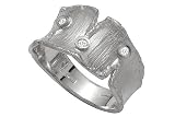 14K White Gold Hand-Crafted Matte-Finish Designer Ring, Enhaced with Bezel Set Diamonds.