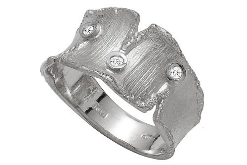14K White Gold Hand-Crafted Matte-Finish Designer Ring, Enhaced with Bezel Set Diamonds.