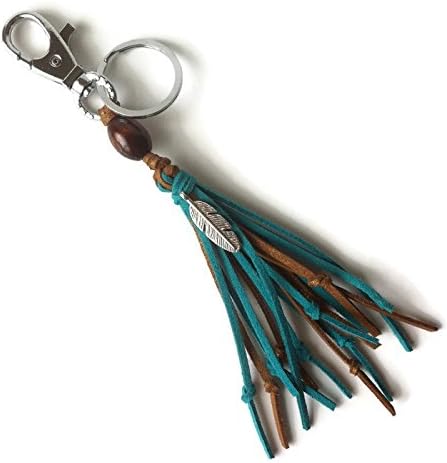 Tassel Key Chain - Dark Turquoise and Bronze Brown with Wooden Bead and Feather Charm