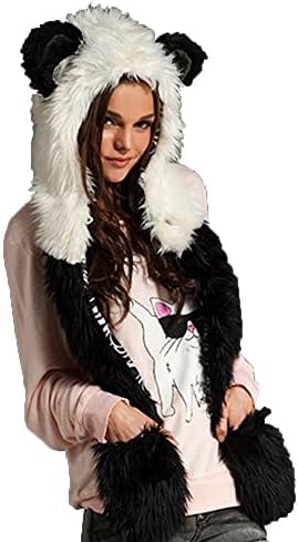 Full Animal Faux Fur Hoodie Hat 3 in 1 Function (Panda)