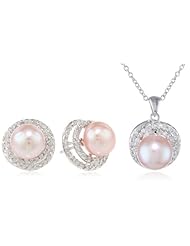 Bella Pearl Pink Halo Pearl Necklace and Earrings Jewelry Set