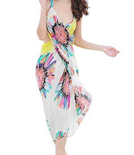 Zcargel Sexy Summer Chiffon Floral Pareo Dress Sarong Wrap Beach Swimwear Cover up Scarf (White)
