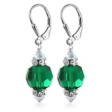 Emerald Swarovski Crystal Sterling Silver Leverback 1.5 Long Dangle Earrings