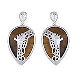 Rhodium Plated Sterling Silver Tiger Eye Giraffe Post Earrings