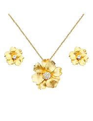 .925 Sterling Silver Gold Plated Wilting Autumn Flower CZ Earring and Pendant-Necklace Set with 1.2mm Cable Rolo Chain - 16"+2" Inches Extension