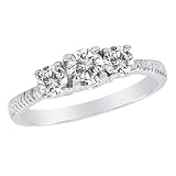 14K White Gold 3 Three Stone Round Brilliant Diamond Anniversary Band With Etched Shank (1 cttw, H-I/I1)