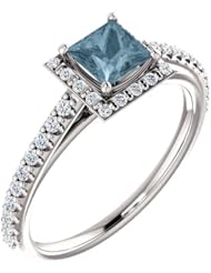 18K White Gold Princess Cut Blue and White Diamond Halo-Style Ring -- LIFETIME WARRANTY
