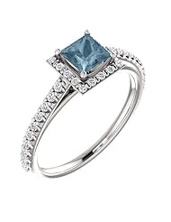 14K White Gold Princess Cut Blue and White Diamond Halo-Style Ring -- LIFETIME WARRANTY
