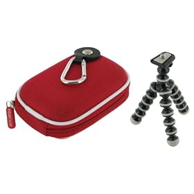 rooCASE 2n1 Nylon Hard Shell (Red) Case with Memory Foam and Premium Tripod for RCA EZ207 Small Wonder Digital Camcorder White