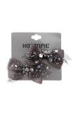 Grey Black Lace Bling Skull Bow Hair Clips 2 Pack
