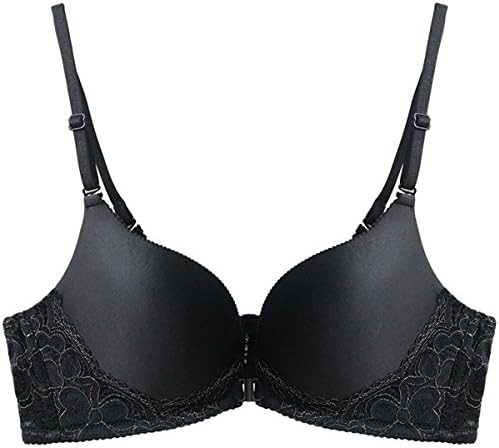 PAERLAN Women's Front Close Push-Up Seamless Wire-Free Lace Bra 80A/36A Black