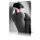 RED ROSE NAKED WOMAN BLACK & WHITE Large 30 X 20 INCH Black & White CHUNKY Gallery Framed Canvas Art Ready To Hang NEW Modern Art Flower Floral